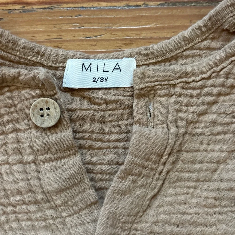Mila Organic Cotton Gauze Dress Kids‎ Tan Brown Boho Button Front SIZE 2/3Y